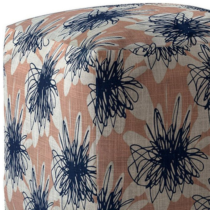 17" Pink and Blue Canvas Floral Pouf Ottoman Image 4