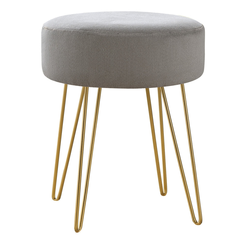 14" Gray Velvet And Gold Round Ottoman Image 2