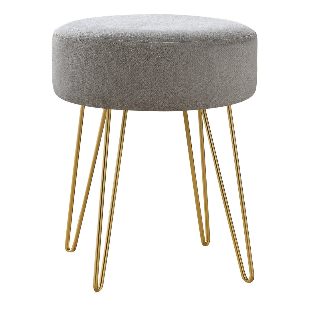 14" Gray Velvet And Gold Round Ottoman Image 2