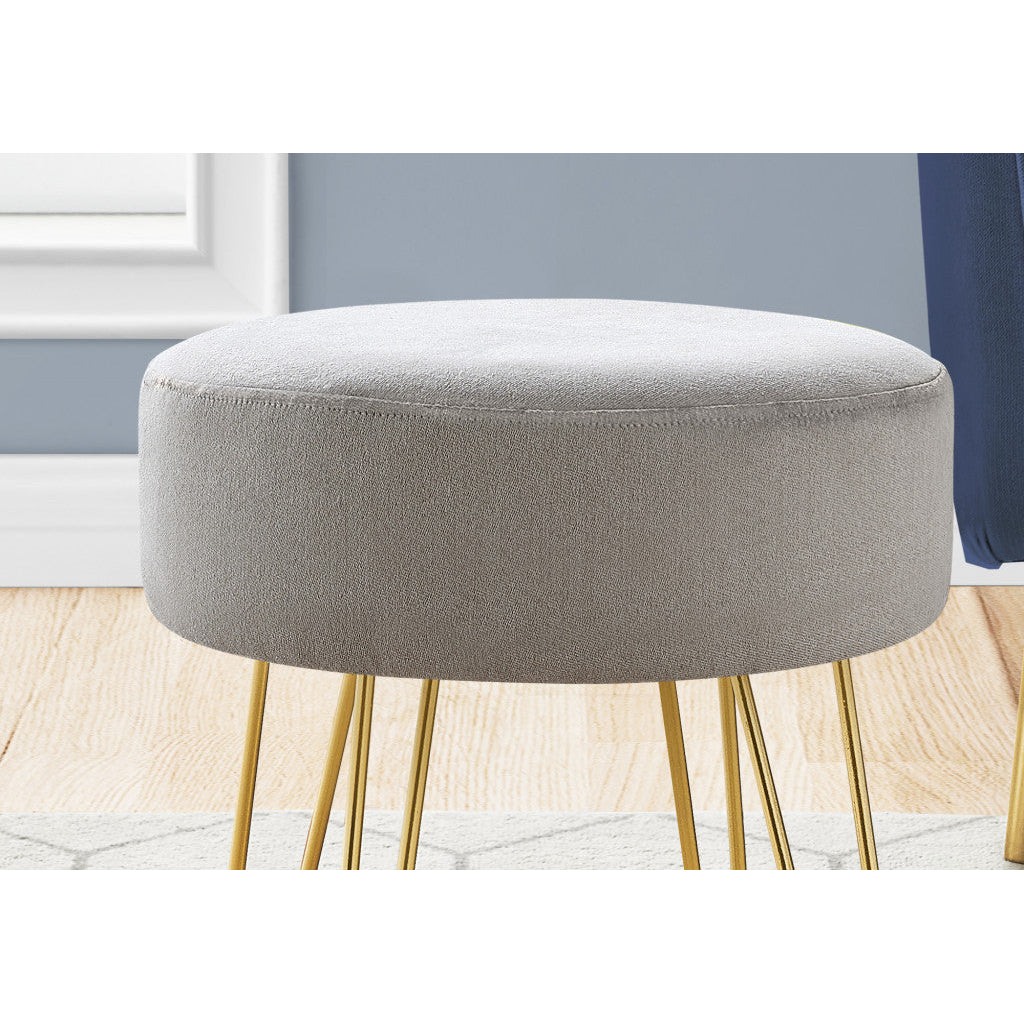 14" Gray Velvet And Gold Round Ottoman Image 3