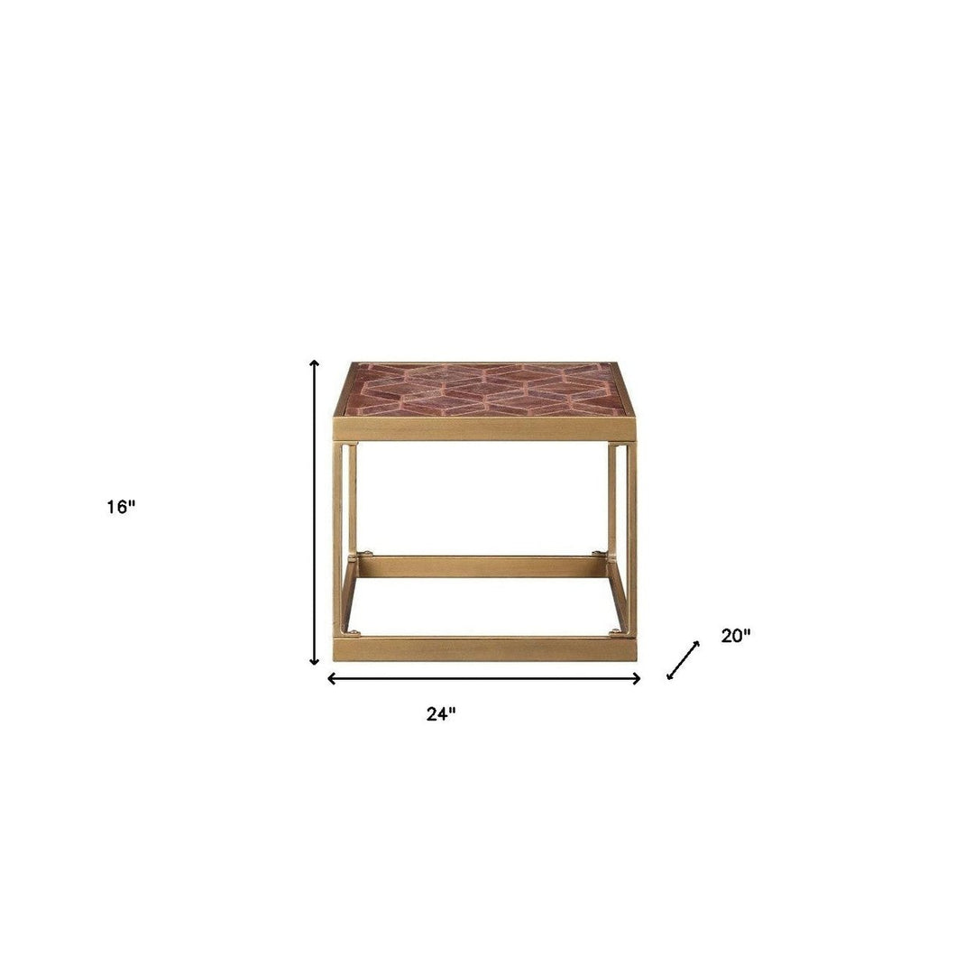 16" Brass And Warm Brown Leather Rectangular End Table Image 2