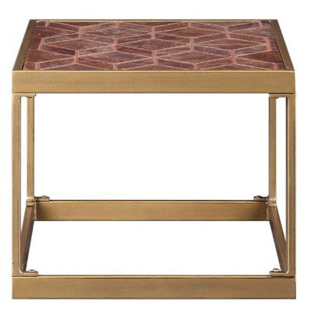 16" Brass And Warm Brown Leather Rectangular End Table Image 4