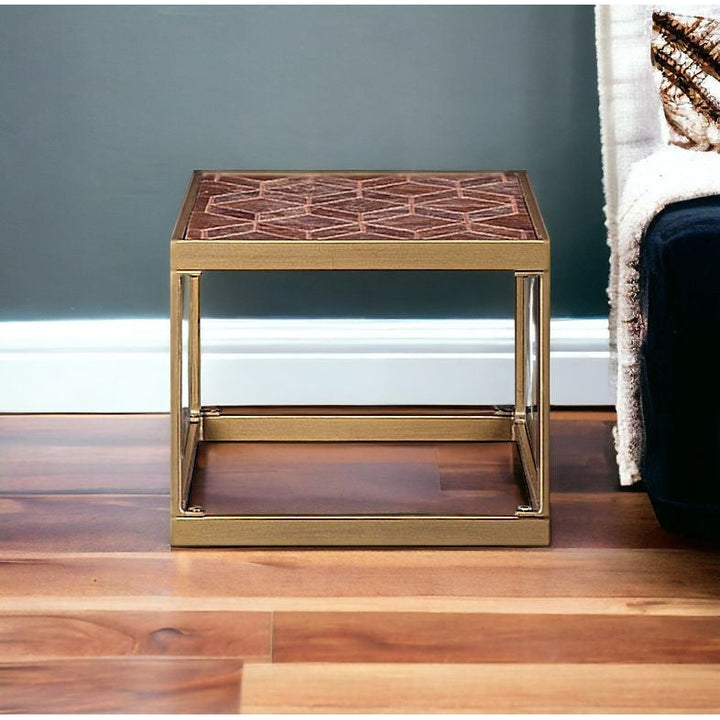 16" Brass And Warm Brown Leather Rectangular End Table Image 5