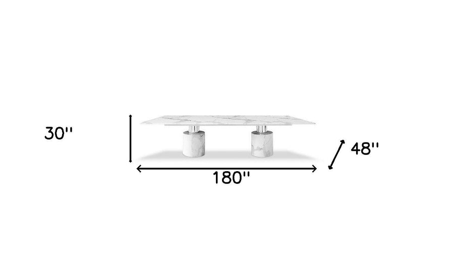 180" White Marble Double Pedestal Base Dining Image 1