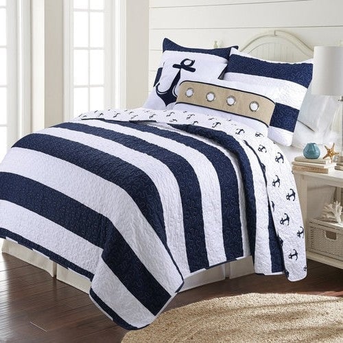 2 Piece Nautical Stripped/Anchors Reversible Microfiber Quilt Set Navy, Twin Image 1