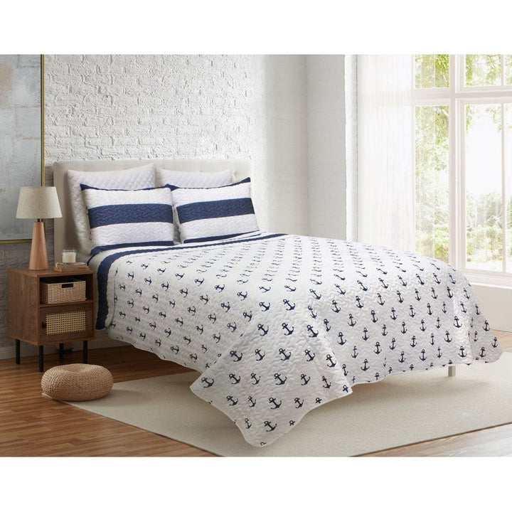 2 Piece Nautical Stripped/Anchors Reversible Microfiber Quilt Set Navy, Twin Image 3