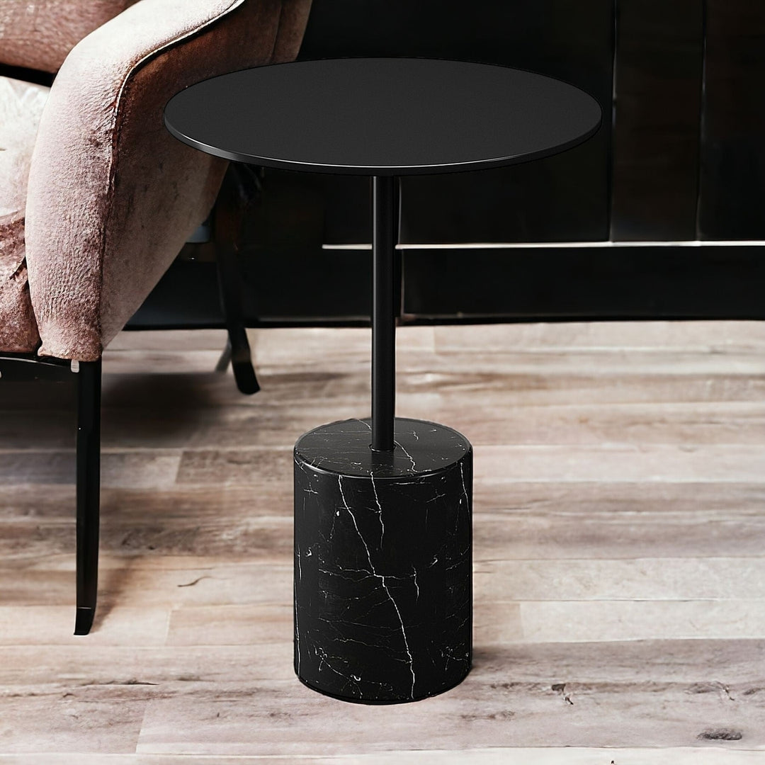 20" Black Steel and Marble Round Pedestal End Table Image 6