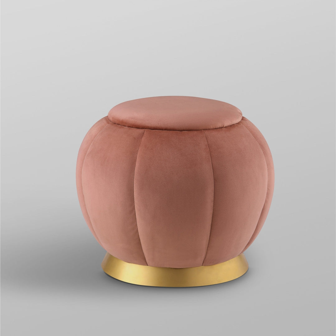 20" Blush Velvet And Gold Round Ottoman Image 3