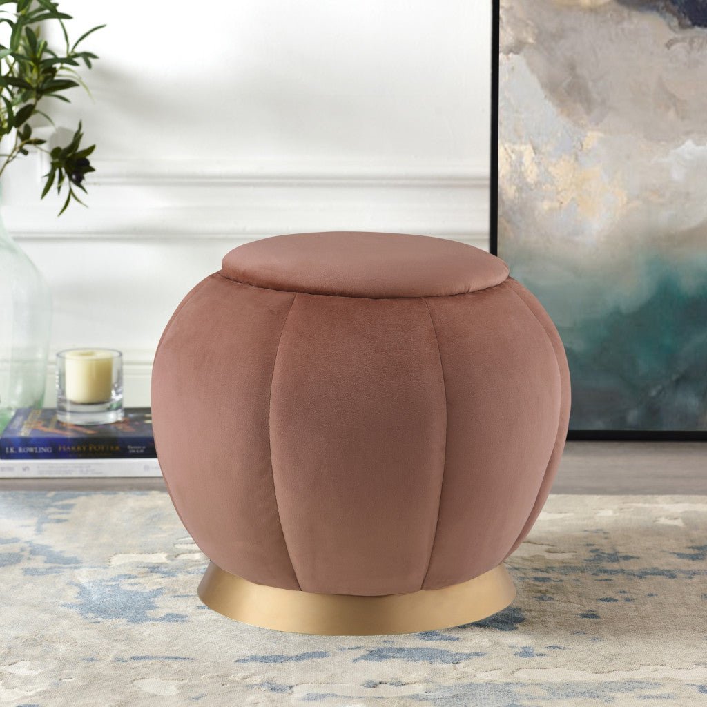 20" Blush Velvet And Gold Round Ottoman Image 8