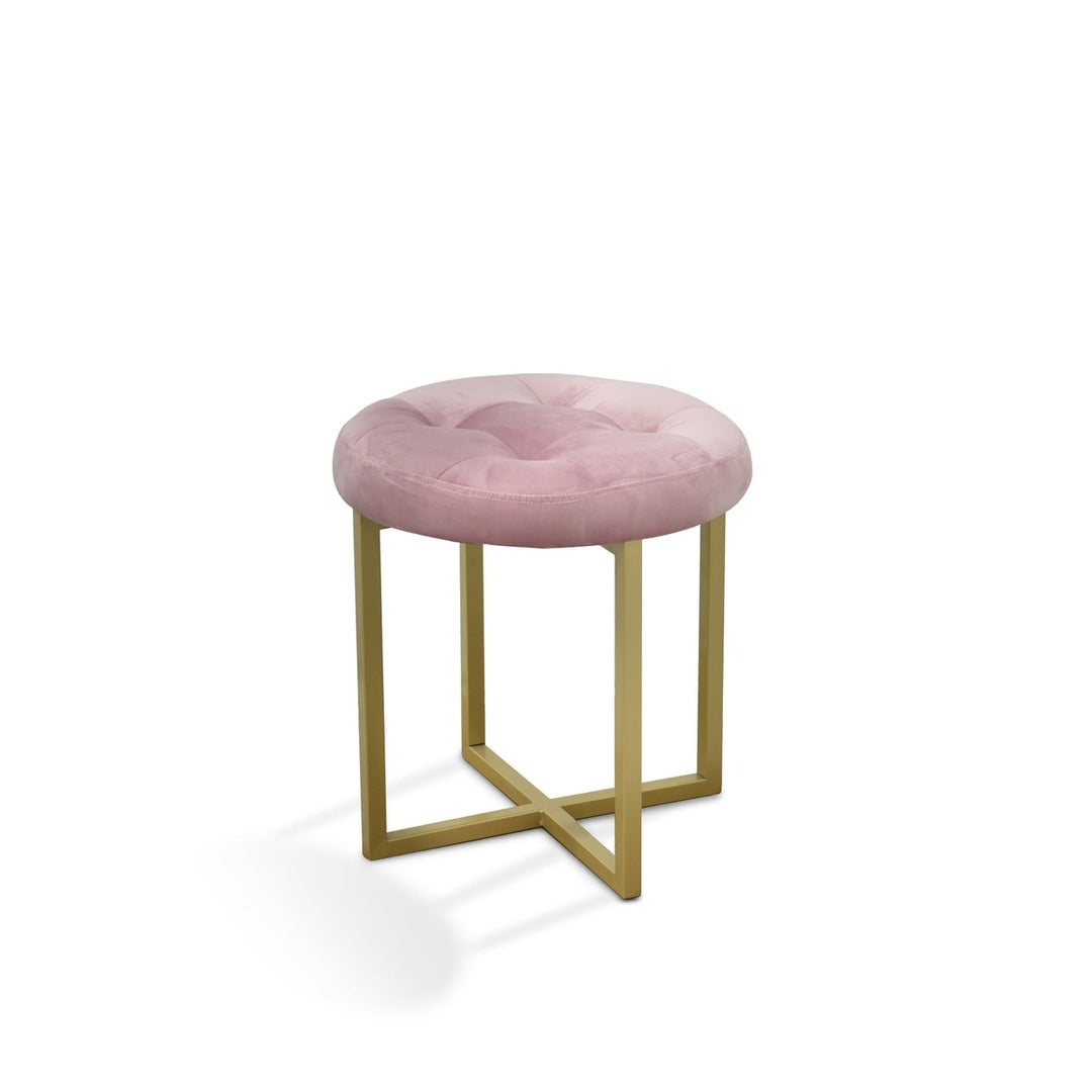 17" Pink Tufted Velvet and Gold Stool Image 1