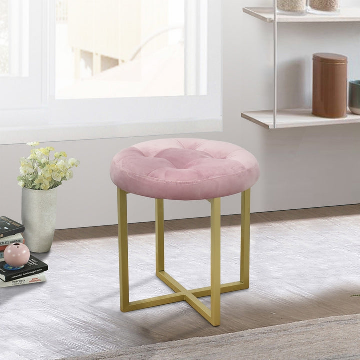 17" Pink Tufted Velvet and Gold Stool Image 2