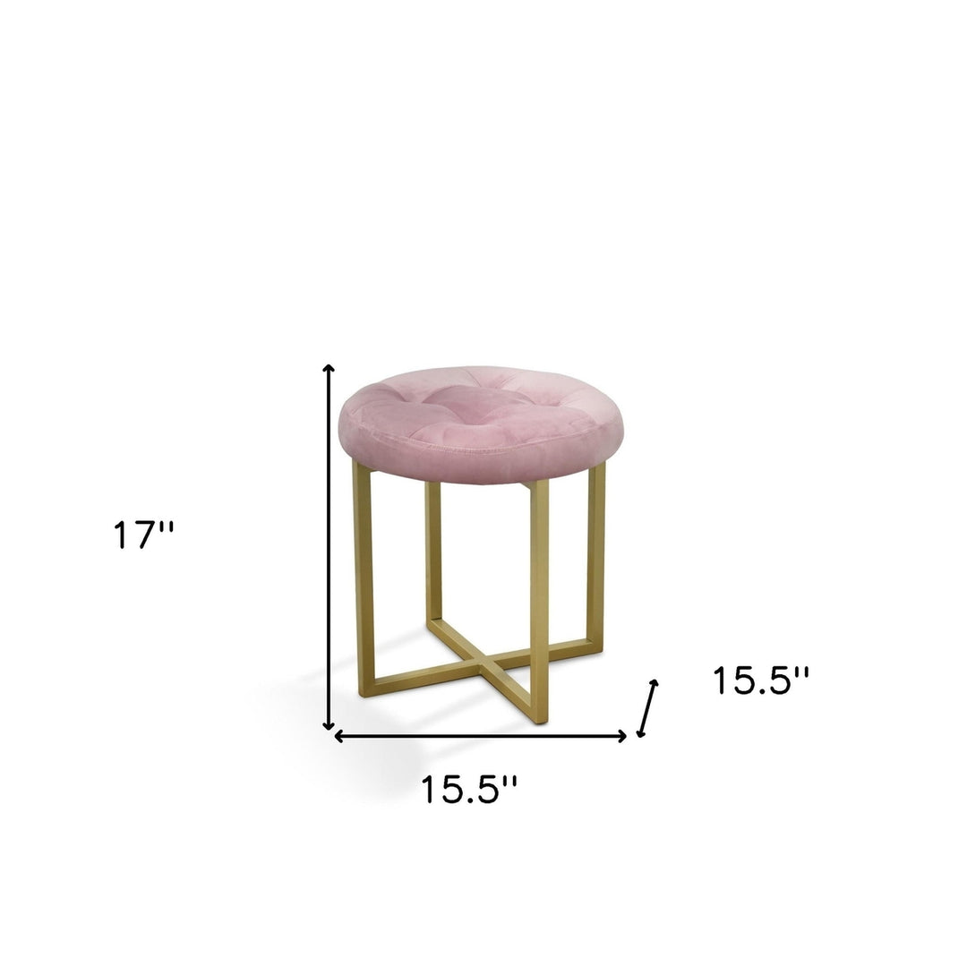 17" Pink Tufted Velvet and Gold Stool Image 7