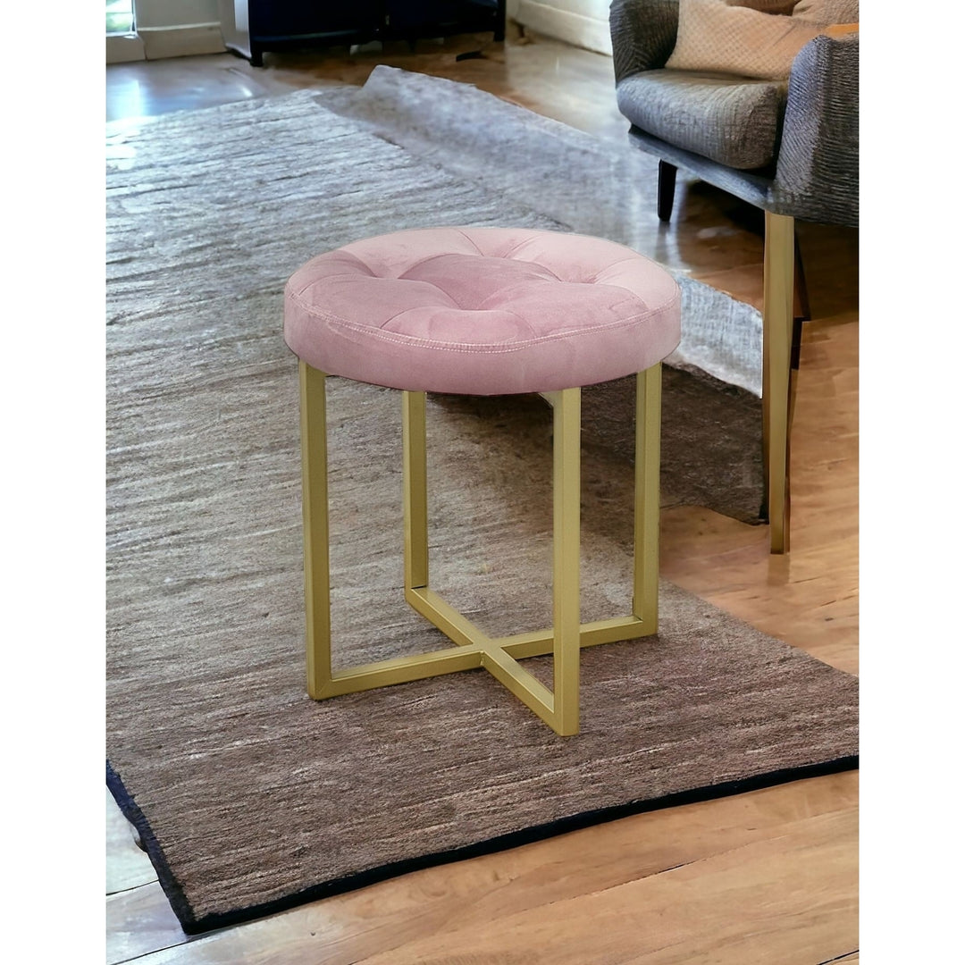 17" Pink Tufted Velvet and Gold Stool Image 8