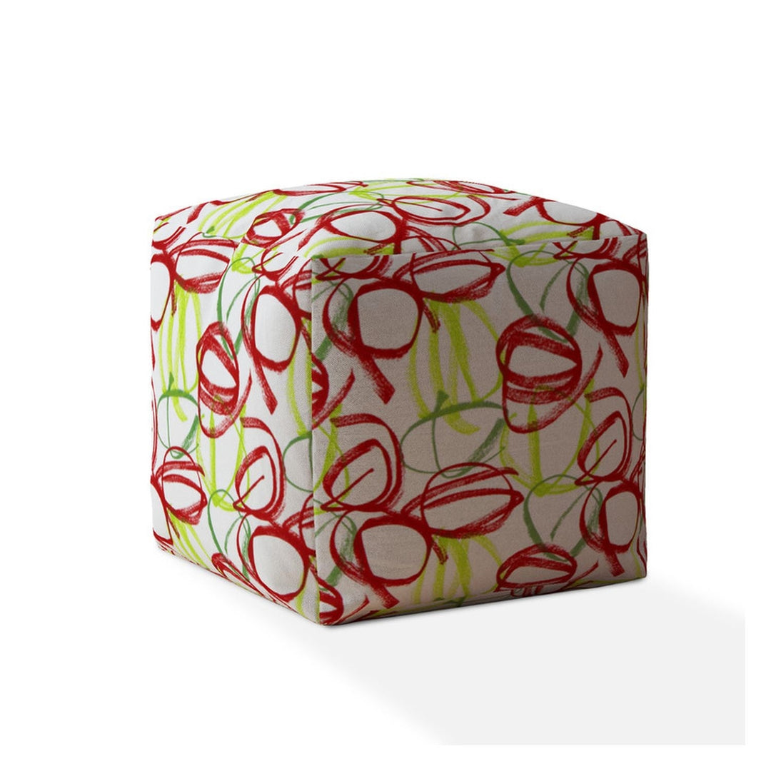 17" Red and White Cotton Abstract Pouf Ottoman Image 1