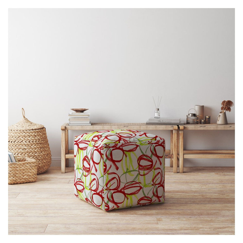 17" Red and White Cotton Abstract Pouf Ottoman Image 2