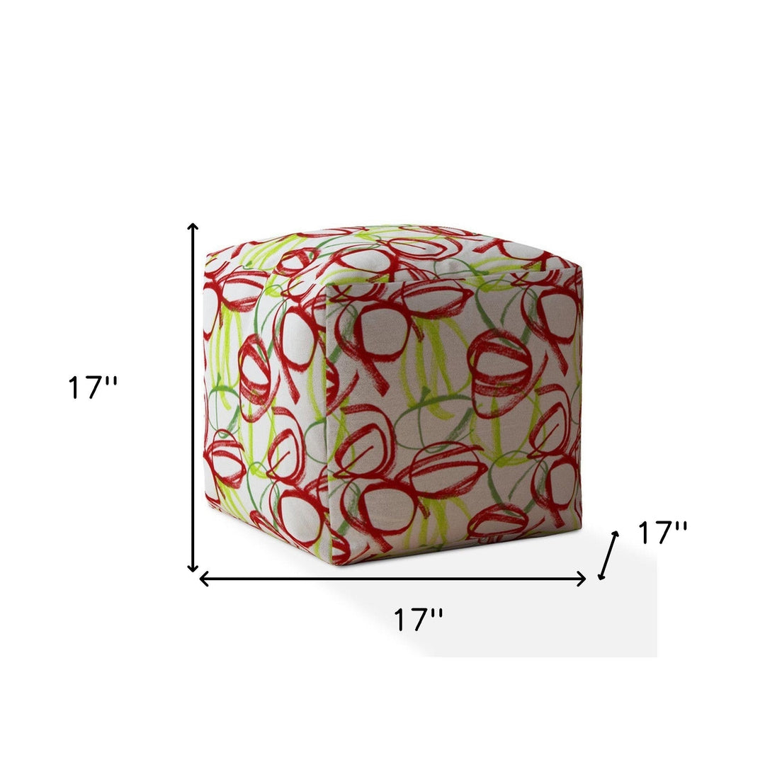 17" Red and White Cotton Abstract Pouf Ottoman Image 3