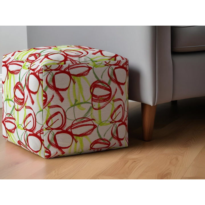 17" Red and White Cotton Abstract Pouf Ottoman Image 5