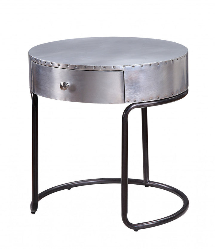 21" Aluminum And Manufactured Wood Round End Table With Drawer Image 4