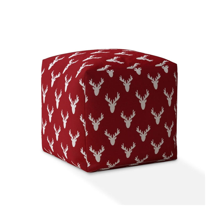 17" Red and White Cotton Stag Pouf Ottoman Image 1