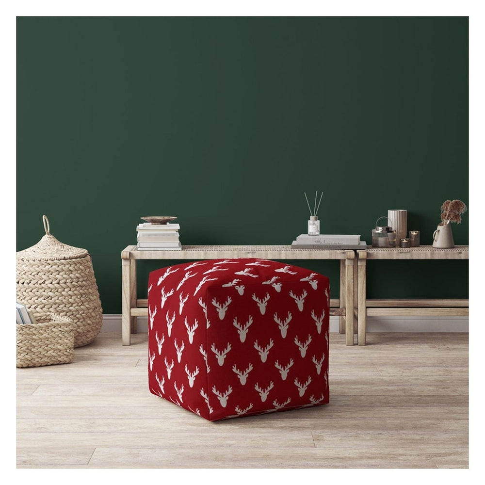 17" Red and White Cotton Stag Pouf Ottoman Image 2