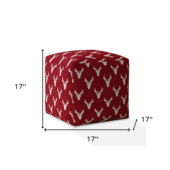 17" Red and White Cotton Stag Pouf Ottoman Image 3