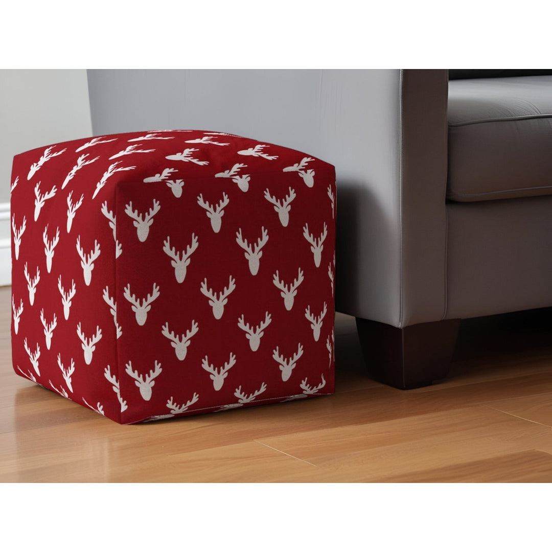 17" Red and White Cotton Stag Pouf Ottoman Image 5