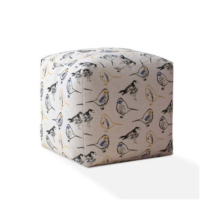 17" Yellow And White Canvas Birds Pouf Cover Image 1