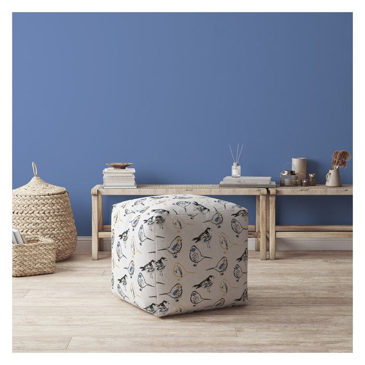 17" Yellow And White Canvas Birds Pouf Cover Image 2