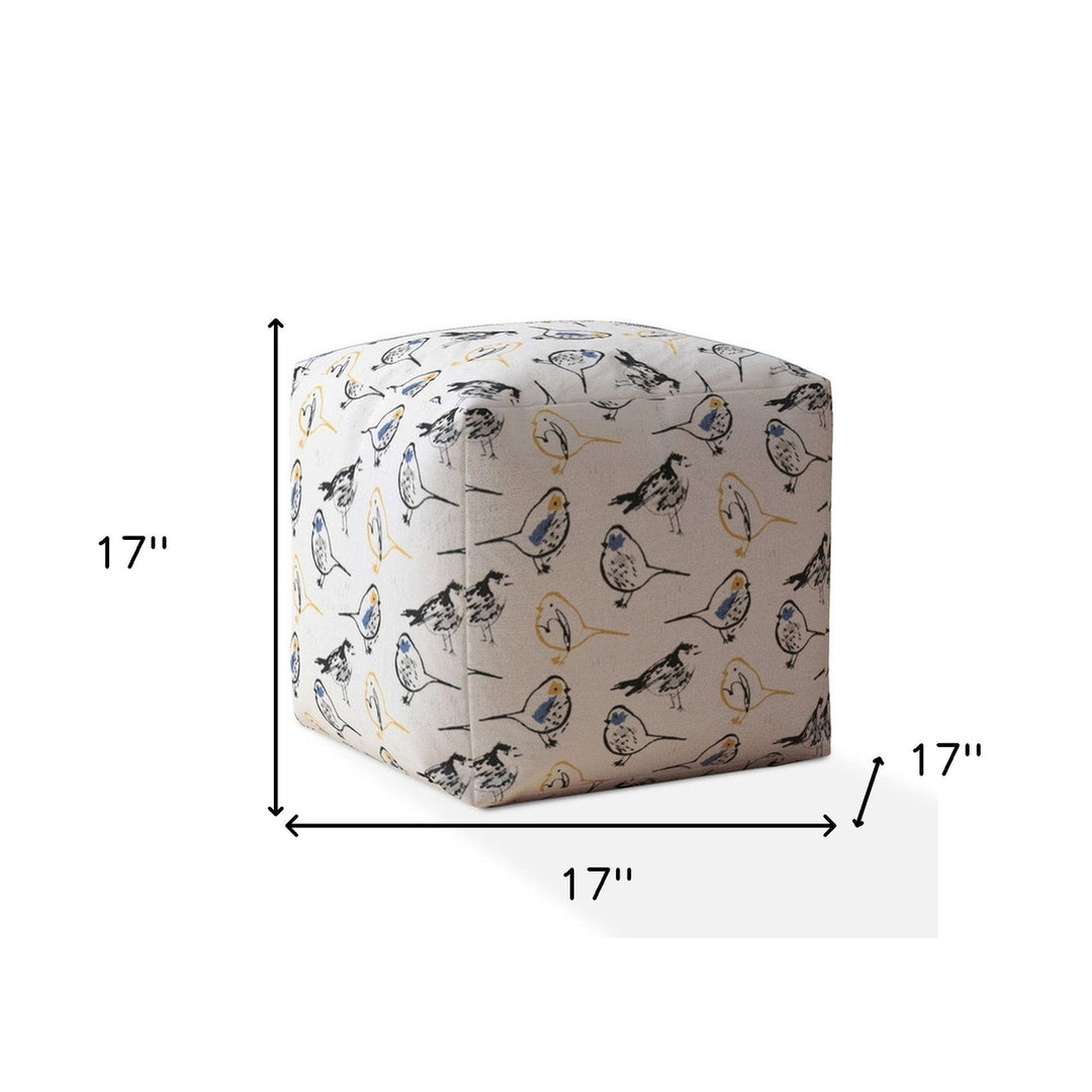 17" Yellow And White Canvas Birds Pouf Cover Image 3