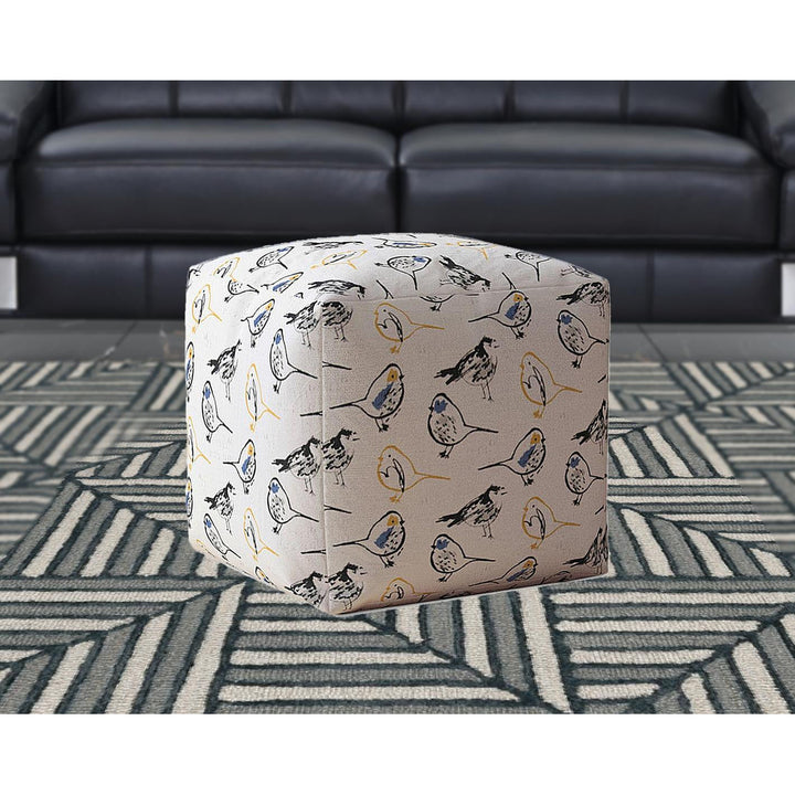 17" Yellow And White Canvas Birds Pouf Cover Image 5