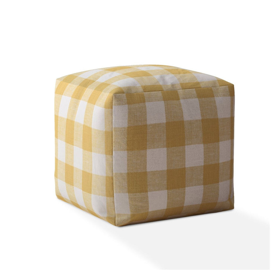 17" Yellow and White Canvas Gingham Pouf Ottoman Image 1