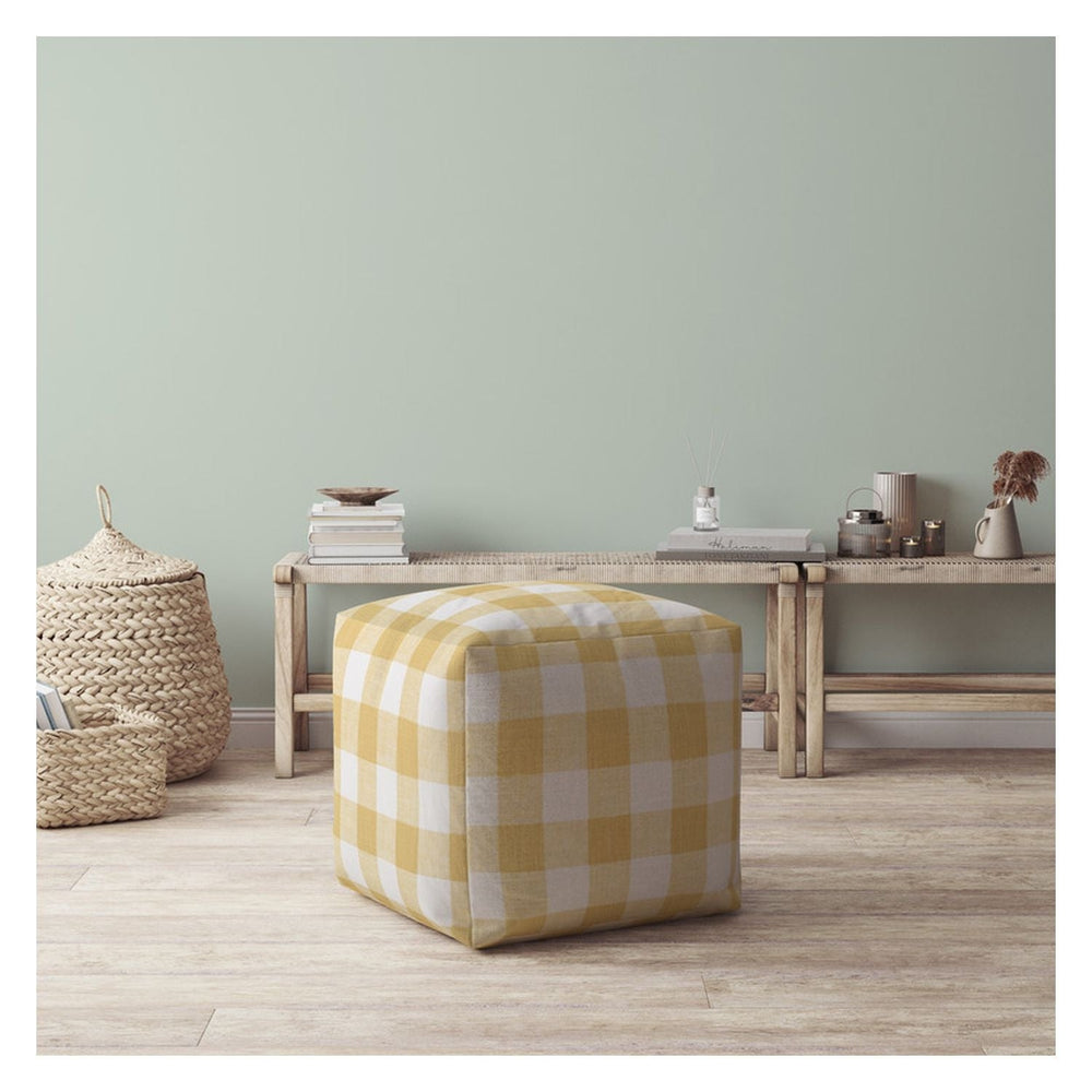 17" Yellow and White Canvas Gingham Pouf Ottoman Image 2