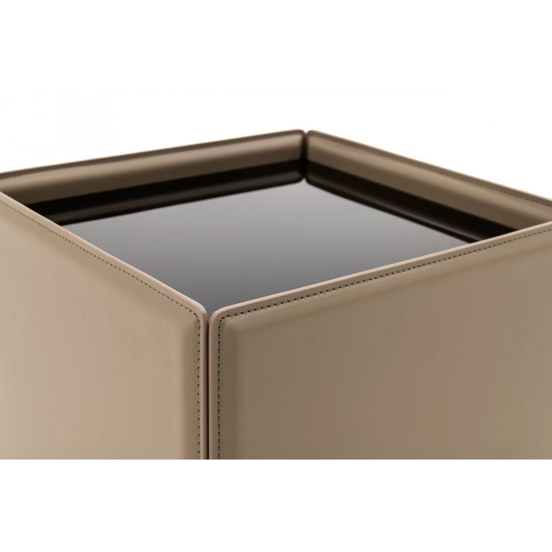 18" Beige And Black Glass And Faux Leather Square End Table Image 3