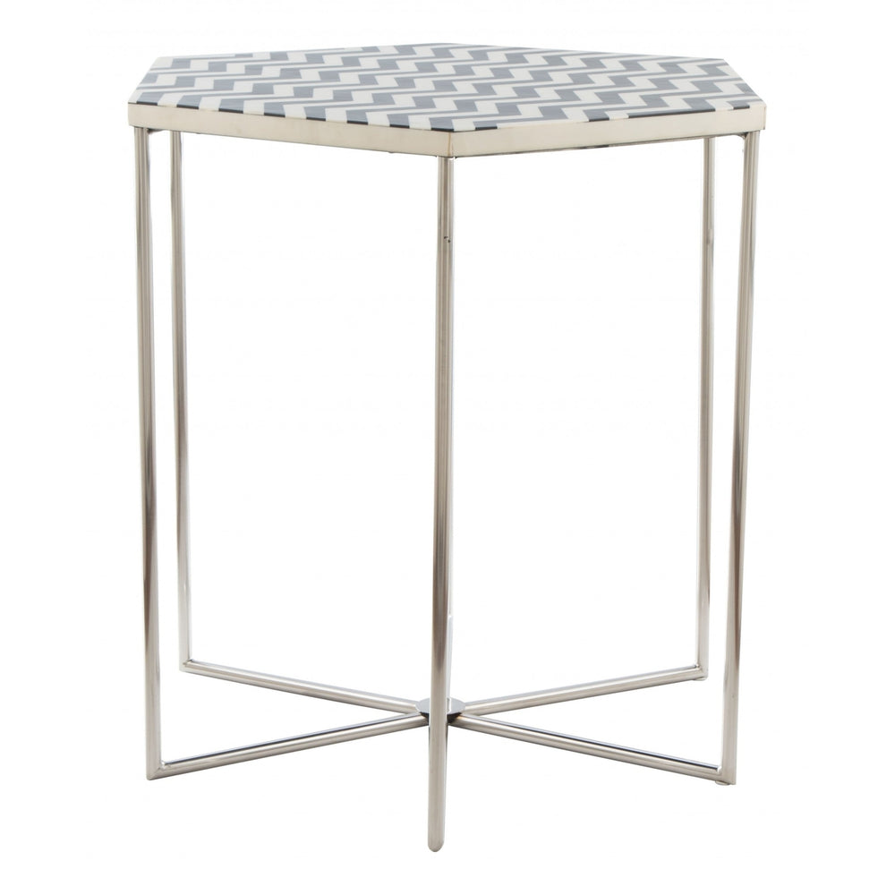 21" Silver And Black And White Stone Hexagon End Table Image 2