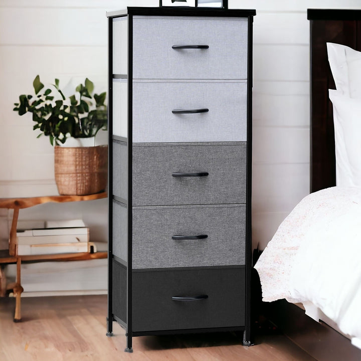 18" Gray and Black Steel and Fabric Five Drawer Chest Image 9