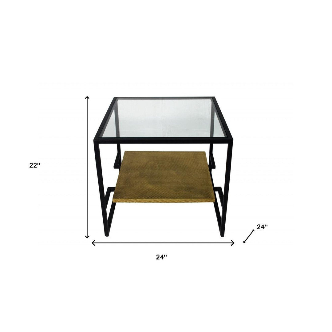 22" Bronze And Clear Glass And Iron Square End Table With Shelf Image 2