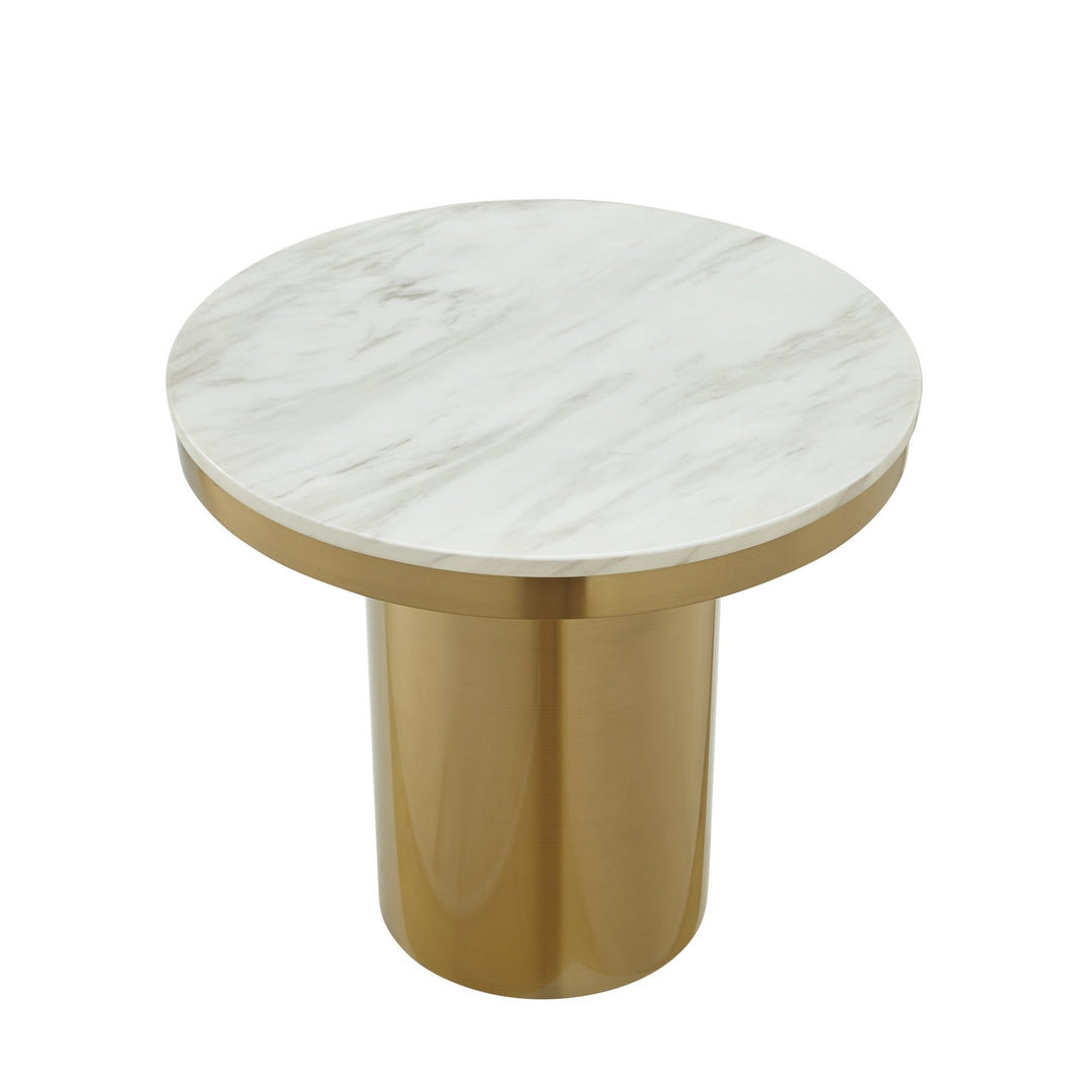 22" Gold and White Genuine Marble Round End Table Image 3