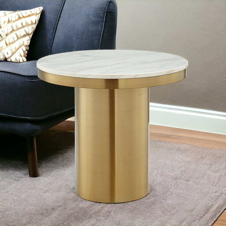 22" Gold and White Genuine Marble Round End Table Image 8