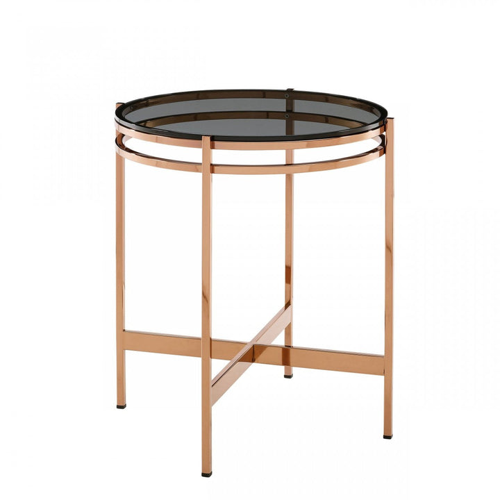 22" Rosegold And Smoke Glass Geo Round End Table Image 1