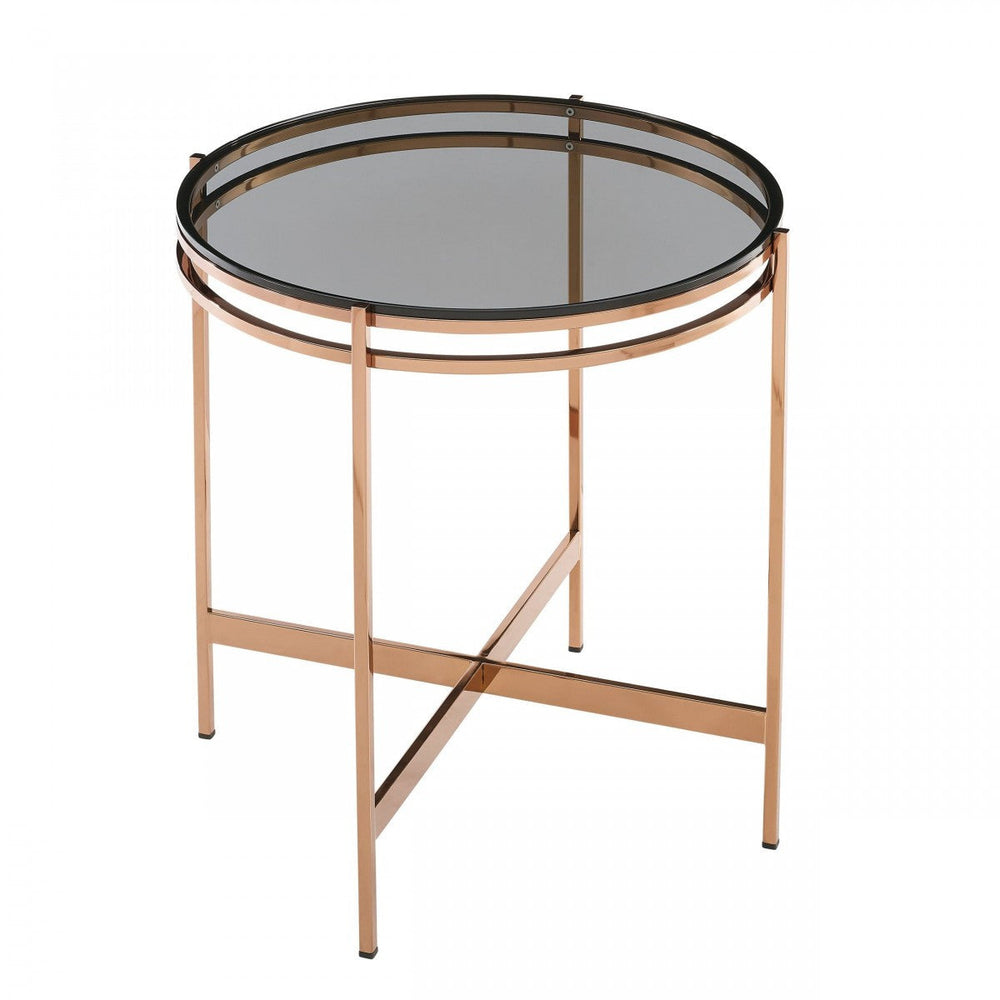 22" Rosegold And Smoke Glass Geo Round End Table Image 2