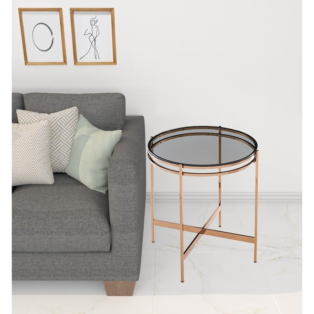 22" Rosegold And Smoke Glass Geo Round End Table Image 6