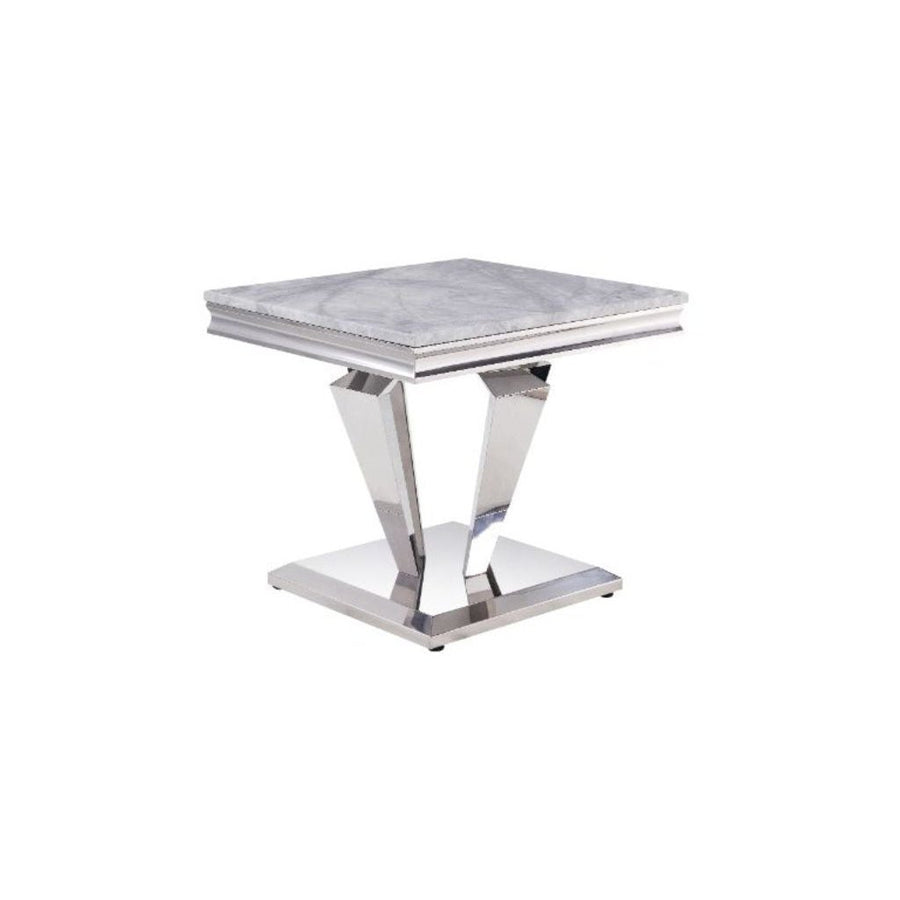 22" Silver And Light Gray Marble Look And Stainless Steel Square End Table Image 1