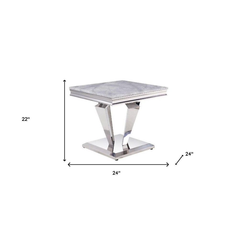 22" Silver And Light Gray Marble Look And Stainless Steel Square End Table Image 2