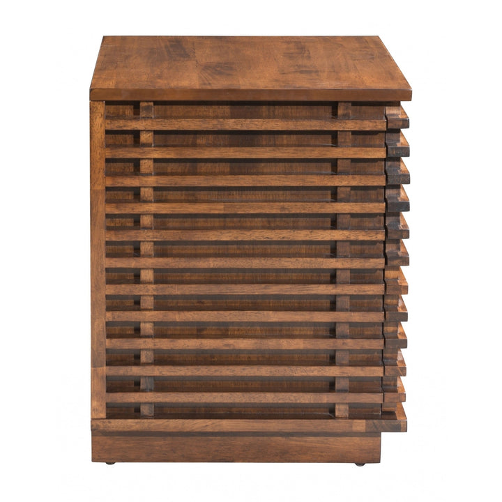 22" Walnut Solid Wood Modern Slat Design End Table with Drawers Image 2