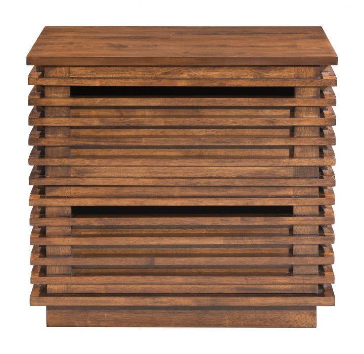 22" Walnut Solid Wood Modern Slat Design End Table with Drawers Image 3