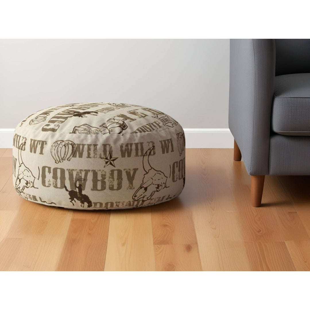 24" Brown Cotton Round Animal Print Pouf Ottoman Image 4