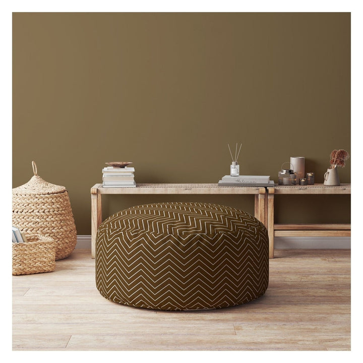 24" Brown Cotton Round Chevron Pouf Ottoman Image 2