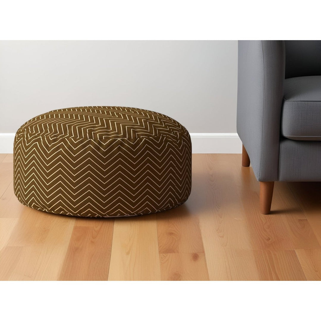 24" Brown Cotton Round Chevron Pouf Ottoman Image 4