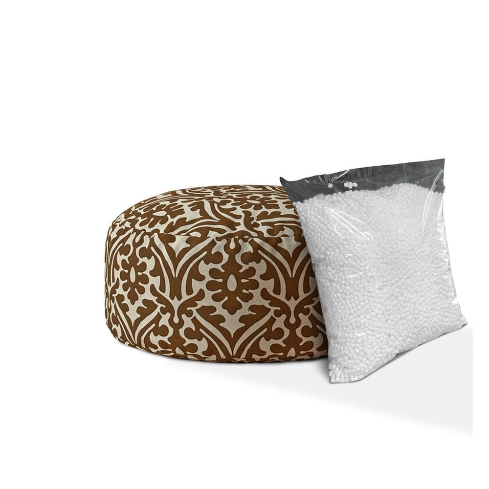 24" Brown Cotton Round Damask Pouf Cover Image 2