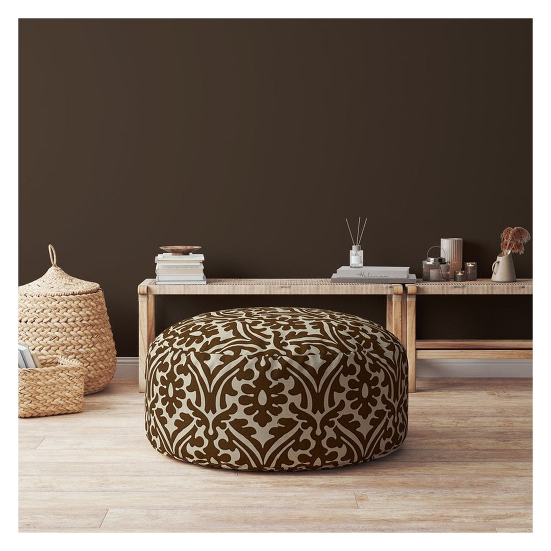 24" Brown Cotton Round Damask Pouf Cover Image 3